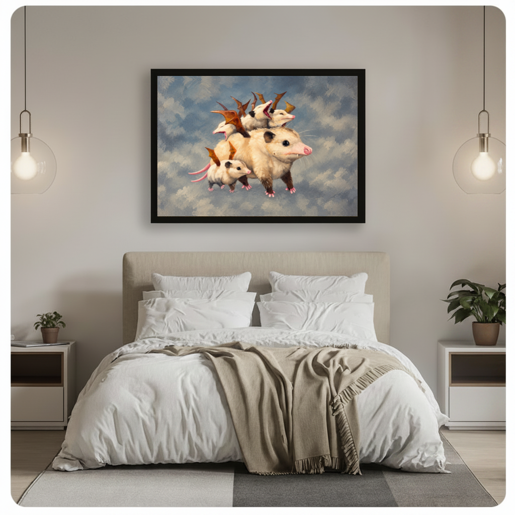 Framed playful opossum family canvas above a gray bed between hanging pendant lamps in a neutral bedroom.