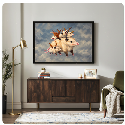 Framed playful opossum family canvas above a wooden sideboard beside books and an angled brass lamp.