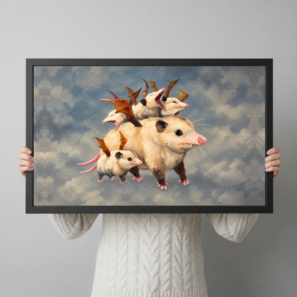 Framed playful opossum family canvas held horizontally by a person wearing a cream sweater against a light background.