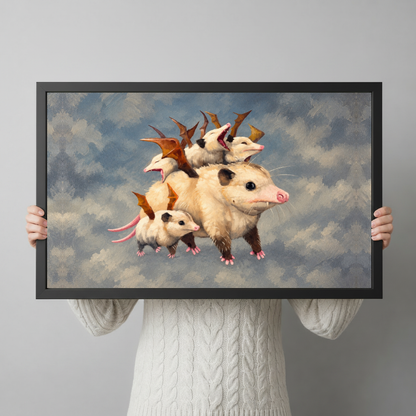 Framed playful opossum family canvas held horizontally by a person wearing a cream sweater against a light background.