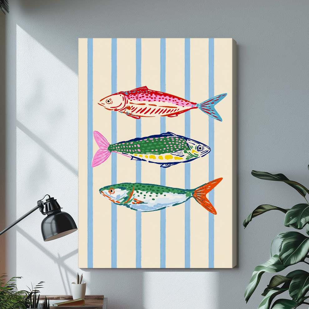 Stretched colorful fish blue stripes canvas with a shaded wrapped edge in the selected room setting.