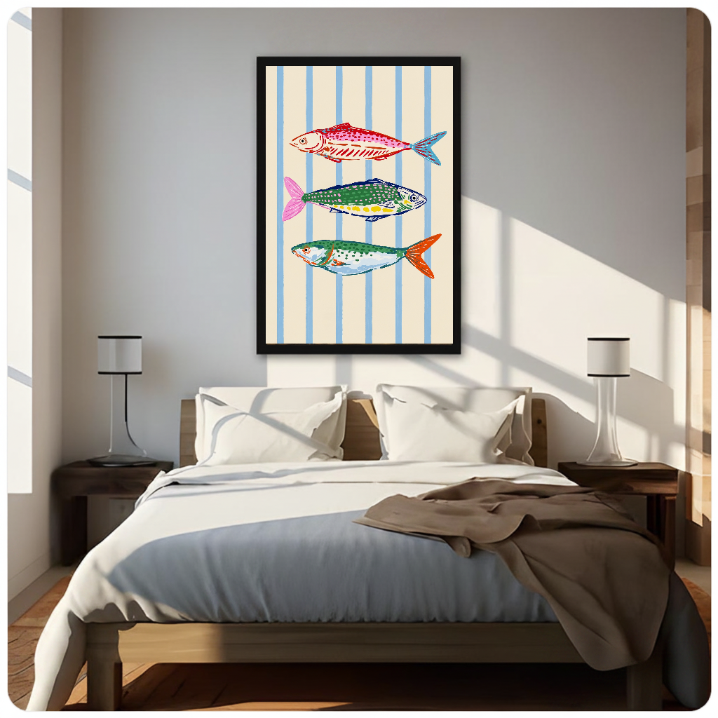 Framed colorful fish blue stripes canvas above a neutral bed beside soft bedroom lighting and lamps.