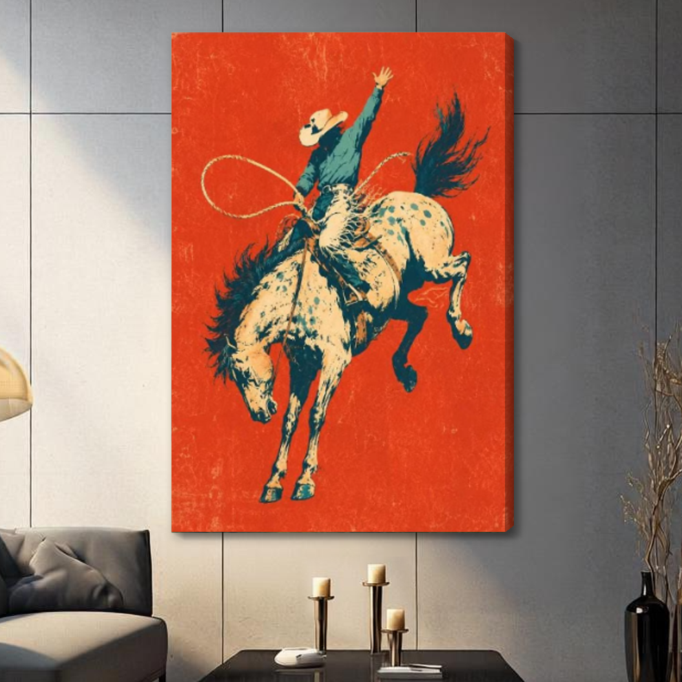 Stretched bucking bronco rodeo rider canvas with a shaded wrapped edge in the selected room setting.