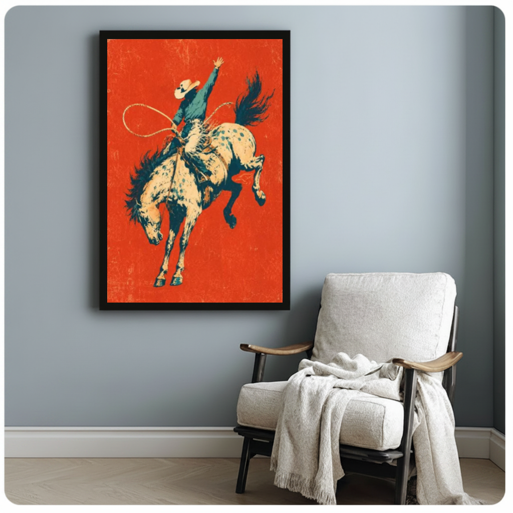 Framed bucking bronco rodeo rider canvas beside a pale reading chair on a blue gray wall.