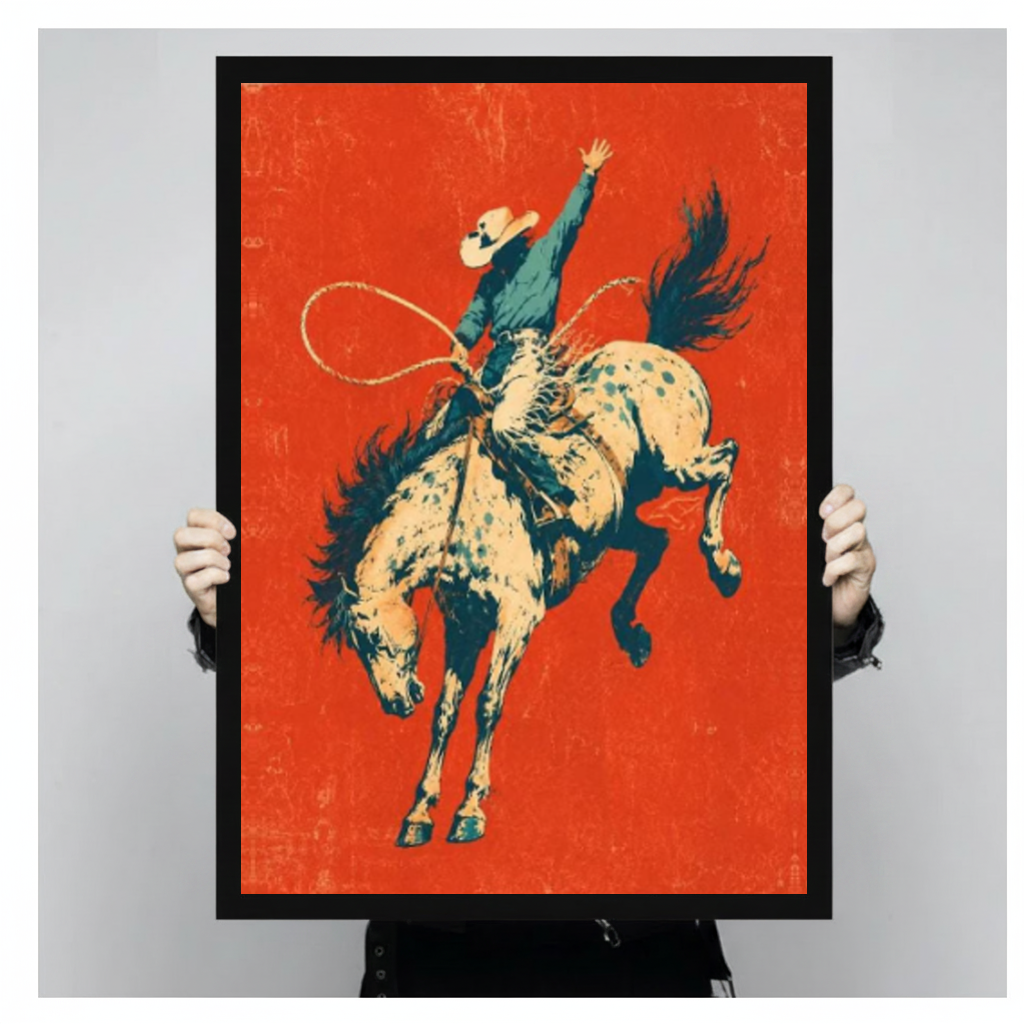 Framed bucking bronco rodeo rider canvas held by a person against a light neutral background.