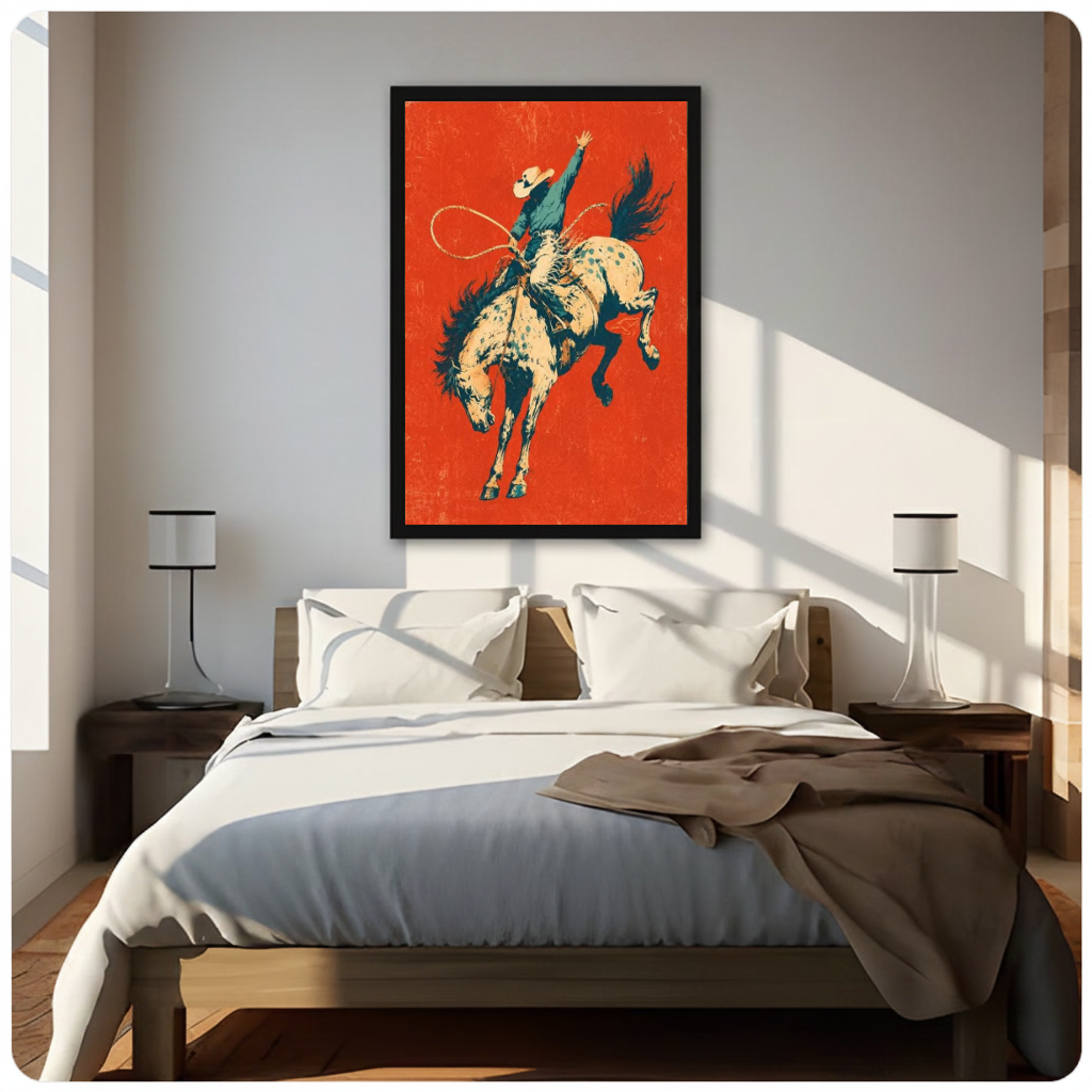 Framed bucking bronco rodeo rider canvas above a neutral bed beside soft bedroom lighting and lamps.