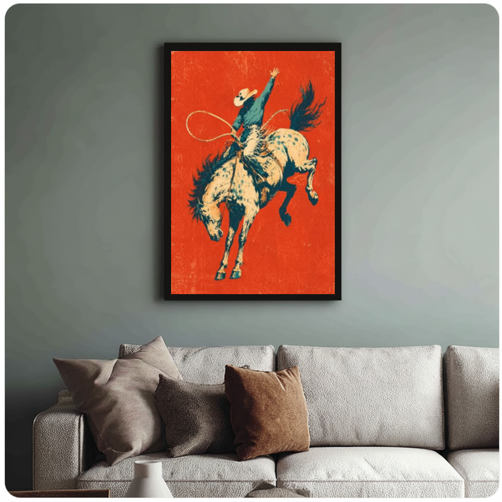 Framed bucking bronco rodeo rider canvas above a neutral sofa with cushions against a muted wall.