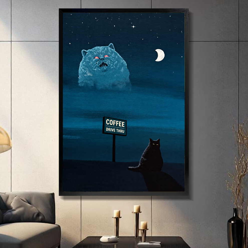 Black framed night cat and giant vision canvas on a dark paneled wall beside warm candles.