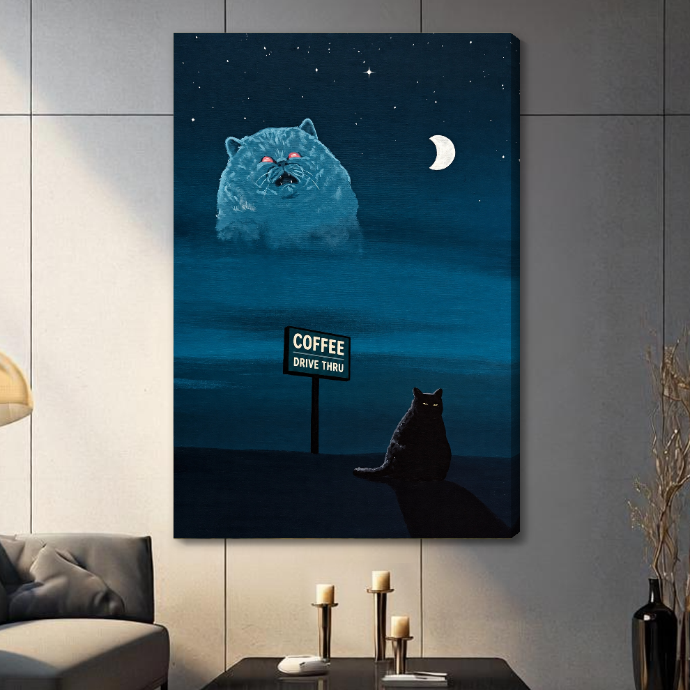 Stretched night cat and giant vision canvas with a shaded wrapped edge in the selected room setting.