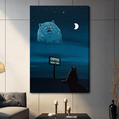 Stretched night cat and giant vision canvas with a shaded wrapped edge in the selected room setting.