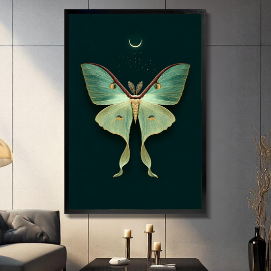 Black framed luna moth crescent moon canvas on a dark paneled wall beside warm candles.