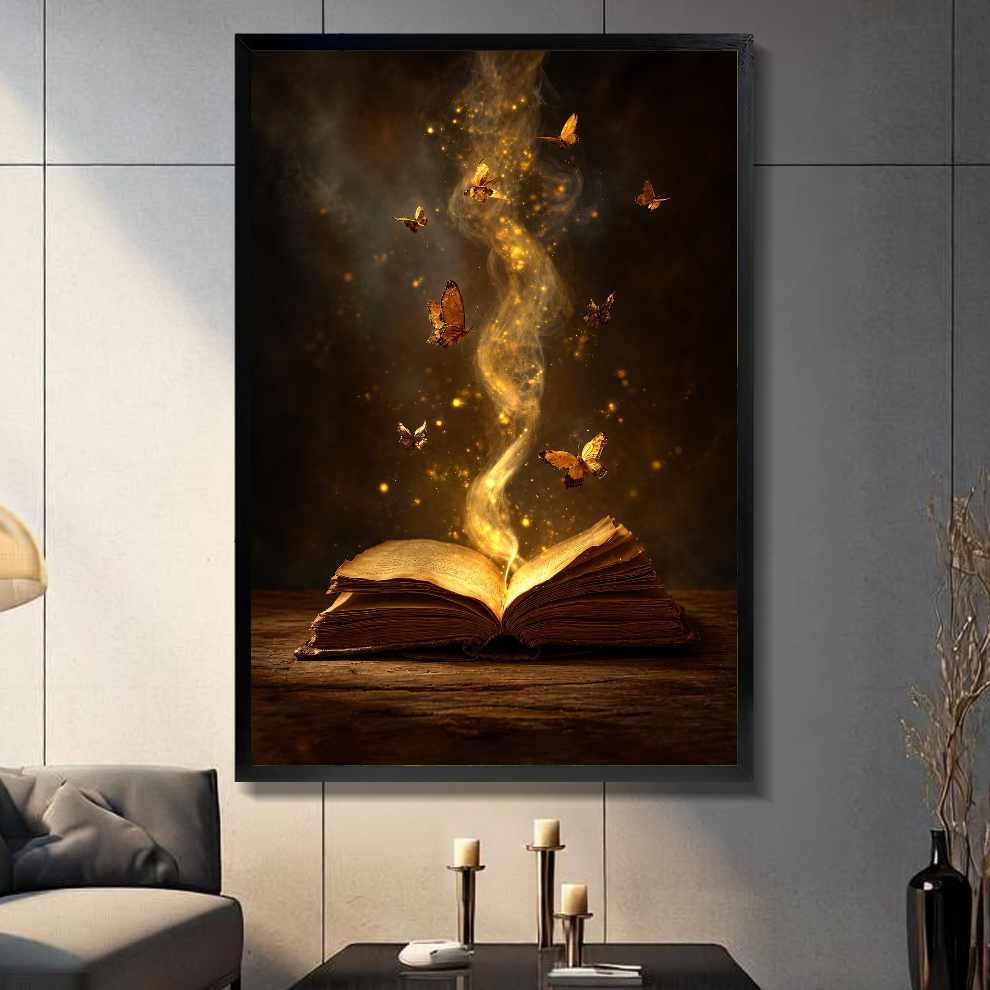 Black framed enchanted book butterfly light canvas on a dark paneled wall beside warm candles.