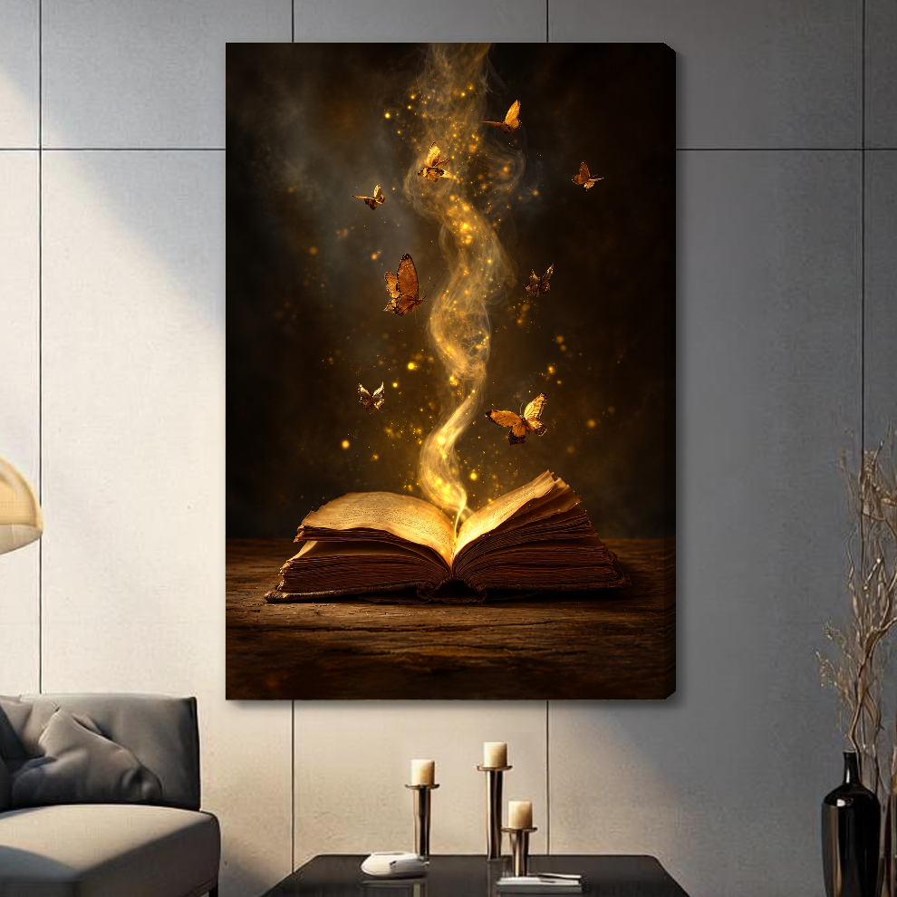 Stretched enchanted book butterfly light canvas with a shaded wrapped edge in the selected room setting.