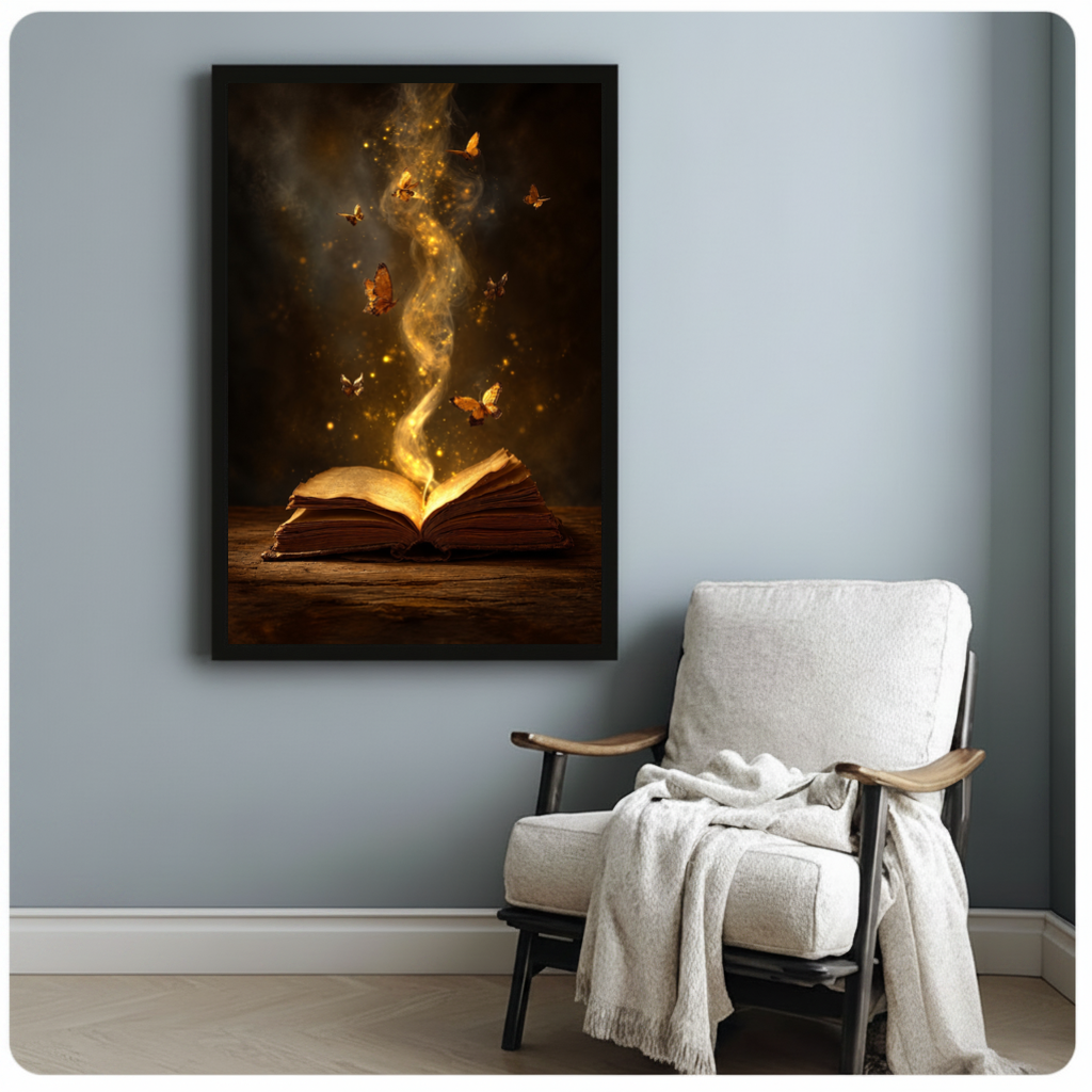 Framed enchanted book butterfly light canvas beside a pale reading chair on a blue gray wall.
