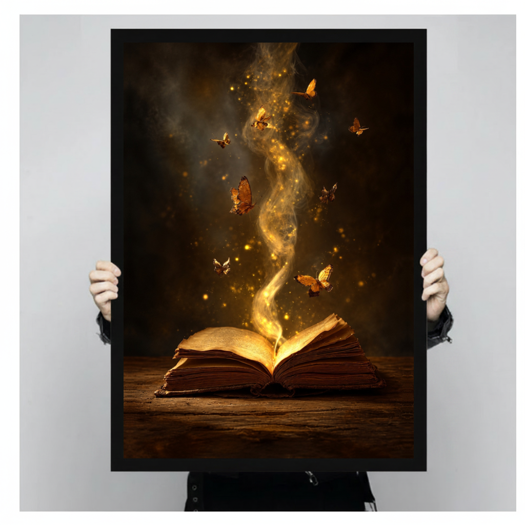 Framed enchanted book butterfly light canvas held by a person against a light neutral background.