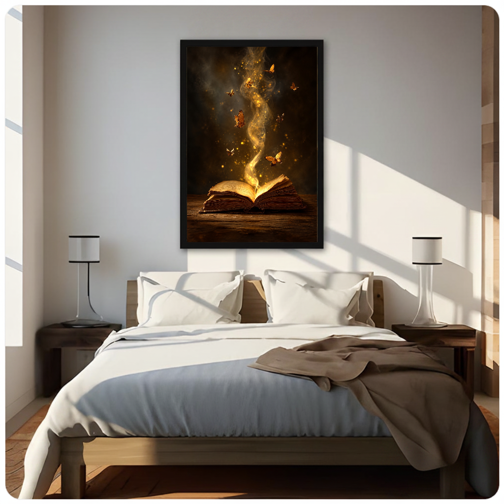 Framed enchanted book butterfly light canvas above a neutral bed beside soft bedroom lighting and lamps.
