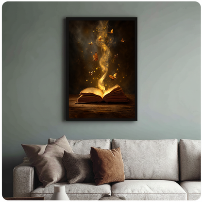 Framed enchanted book butterfly light canvas above a neutral sofa with cushions against a muted wall.