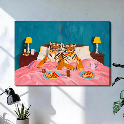 Stretched tigers enjoy pizza in bed canvas with a shaded wrapped edge in the selected room setting.