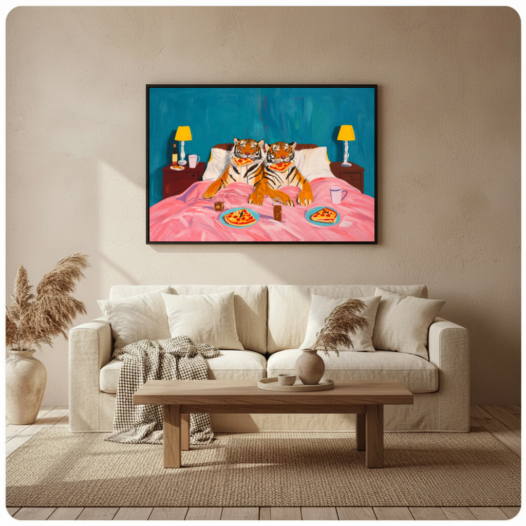 Framed tigers enjoy pizza in bed canvas above a neutral sofa beside pampas grass and a coffee table.