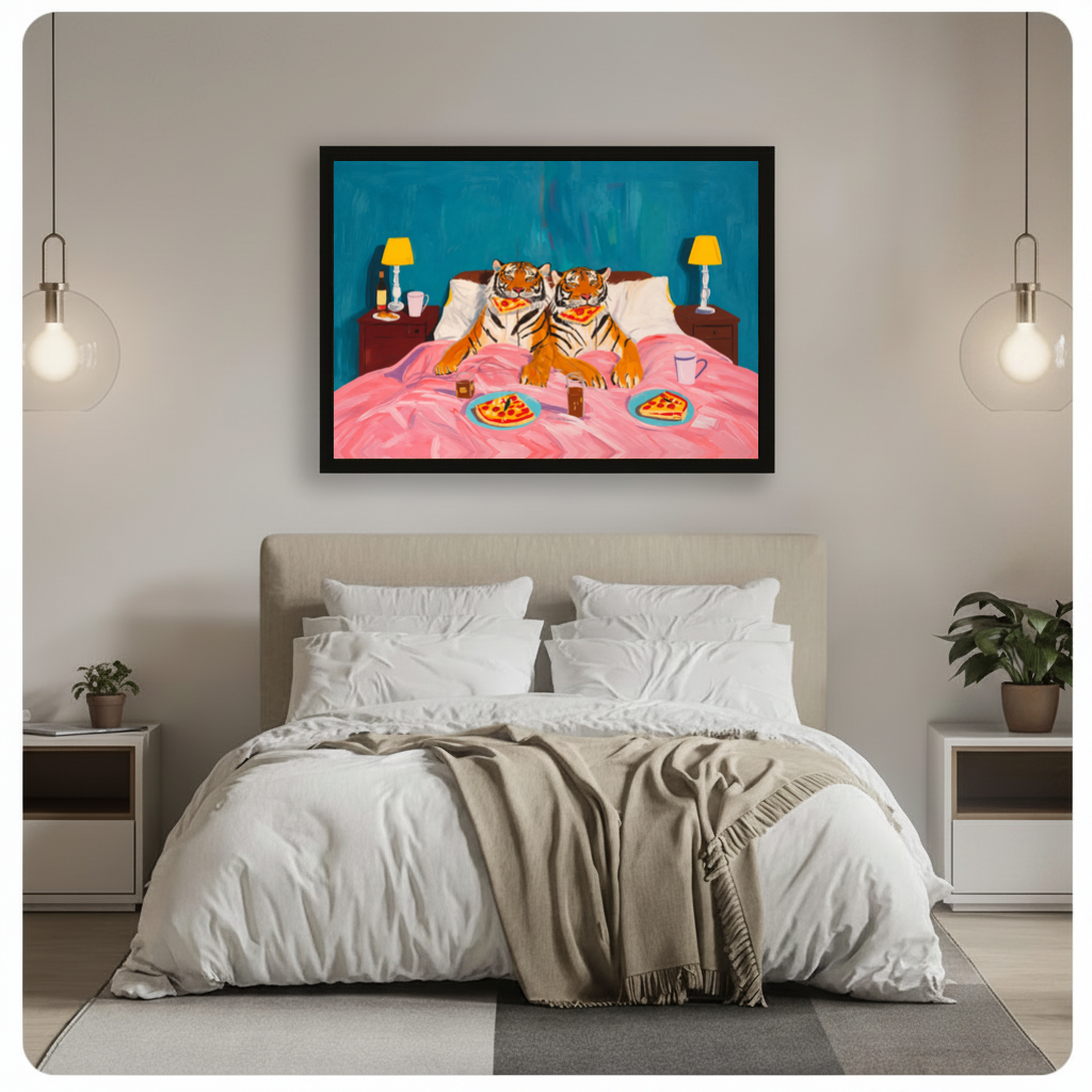 Framed tigers enjoy pizza in bed canvas above a gray bed between hanging pendant lamps in a neutral bedroom.