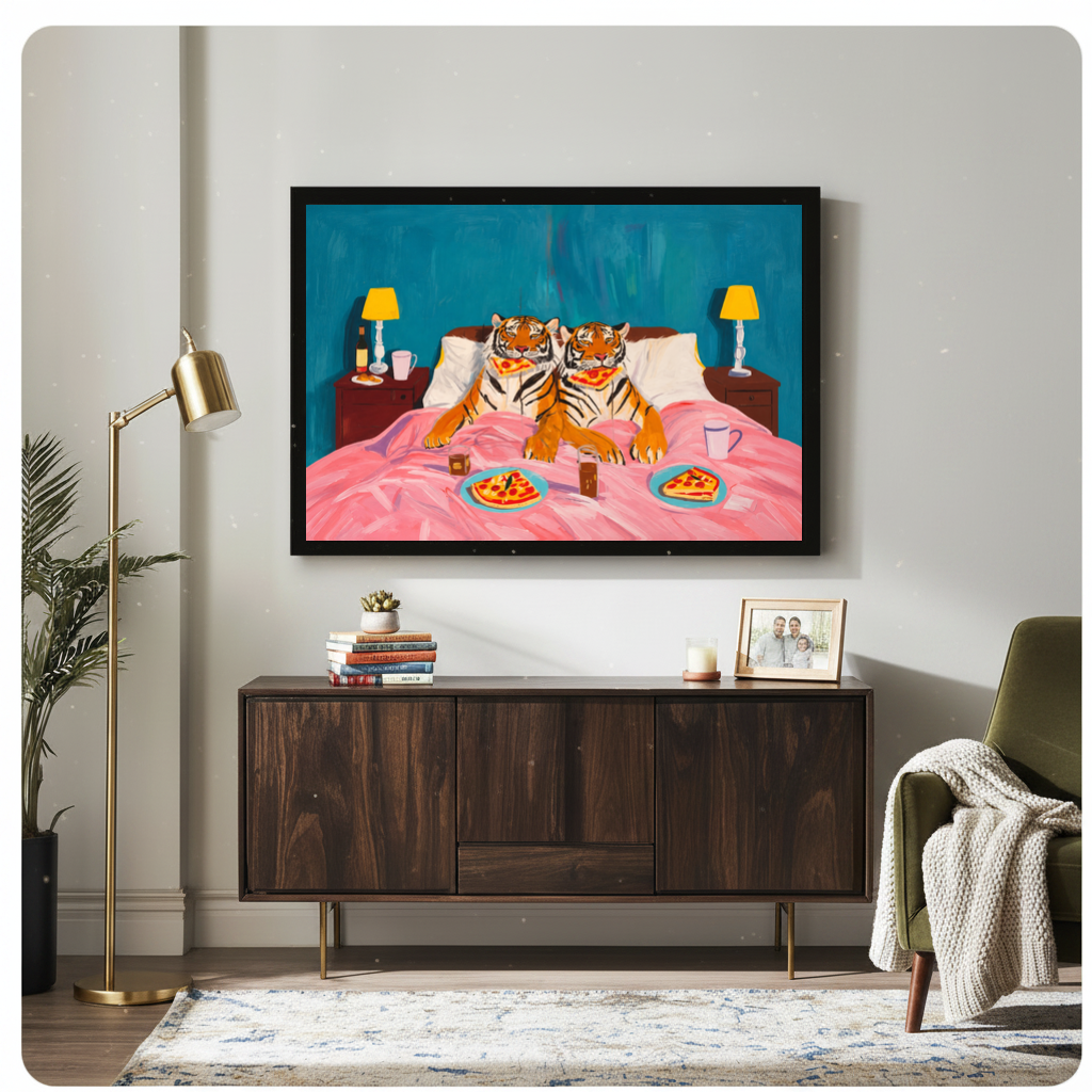 Framed tigers enjoy pizza in bed canvas above a wooden sideboard beside books and an angled brass lamp.