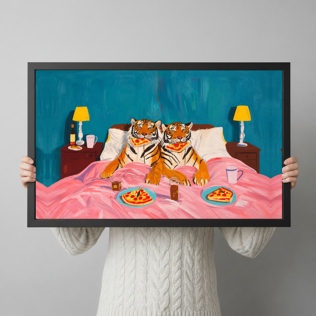 Framed tigers enjoy pizza in bed canvas held horizontally by a person wearing a cream sweater against a light background.