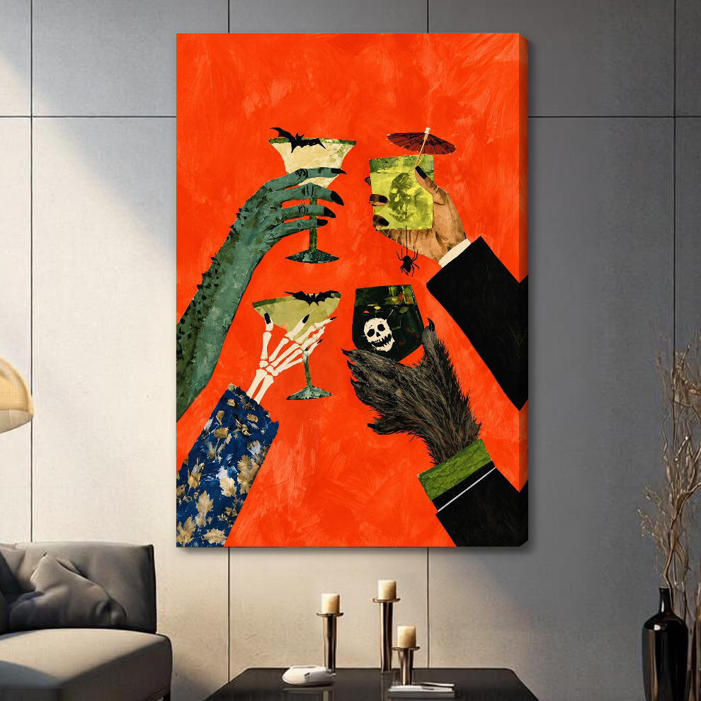 Stretched monster hands cocktail toast canvas with a shaded wrapped edge in the selected room setting.