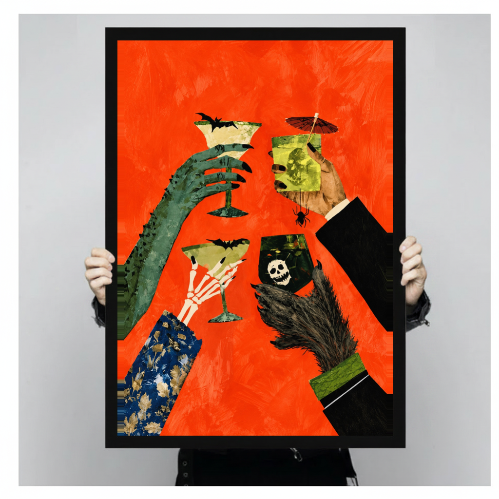 Framed monster hands cocktail toast canvas held by a person against a light neutral background.