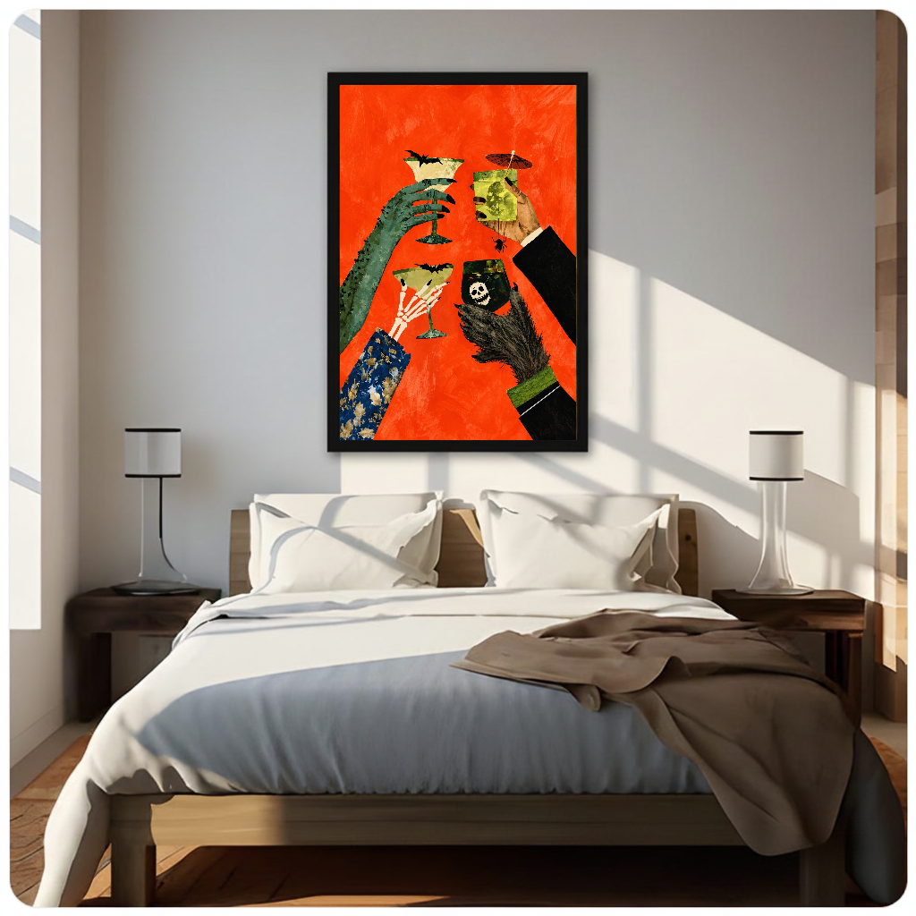 Framed monster hands cocktail toast canvas above a neutral bed beside soft bedroom lighting and lamps.