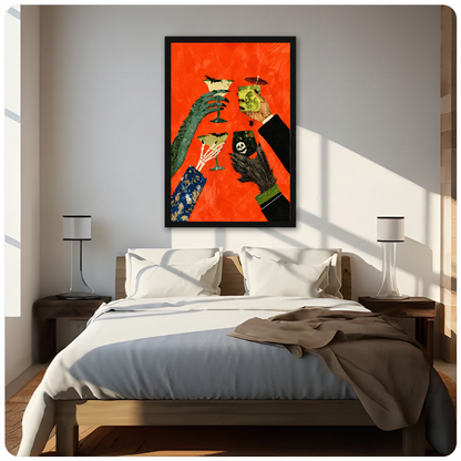 Framed monster hands cocktail toast canvas above a neutral bed beside soft bedroom lighting and lamps.