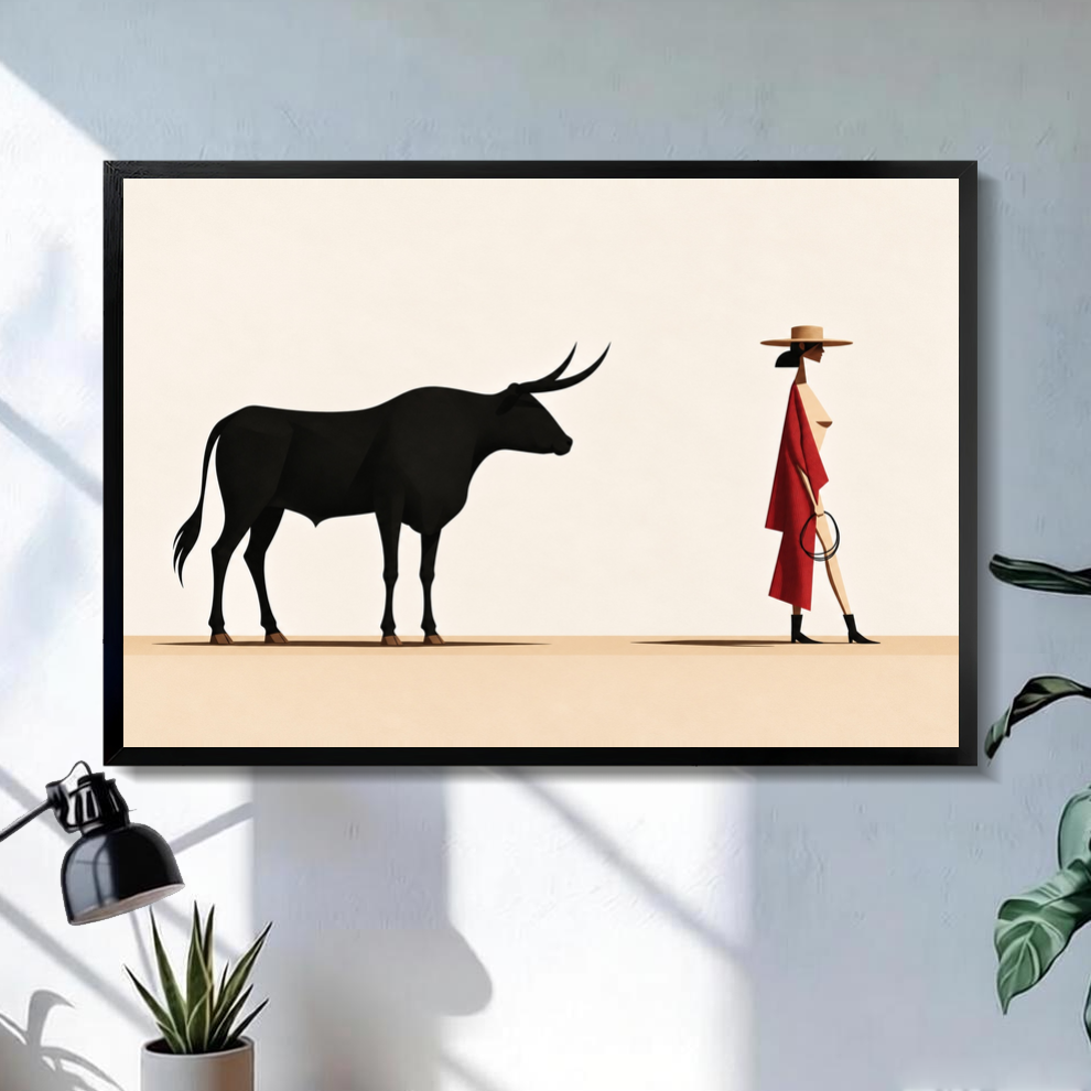 Black framed minimal bull red coated woman canvas on a pale wall above a desk and plant.