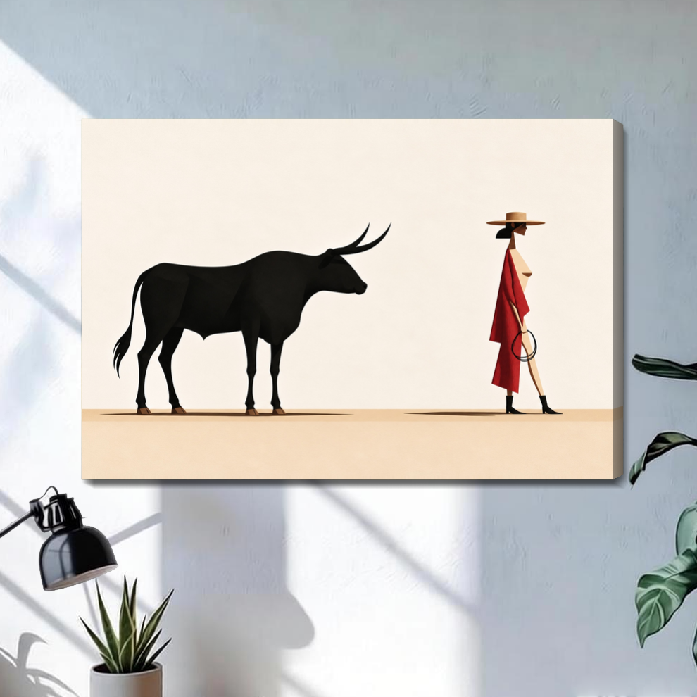 Stretched minimal bull red coated woman canvas with a shaded wrapped edge in the selected room setting.