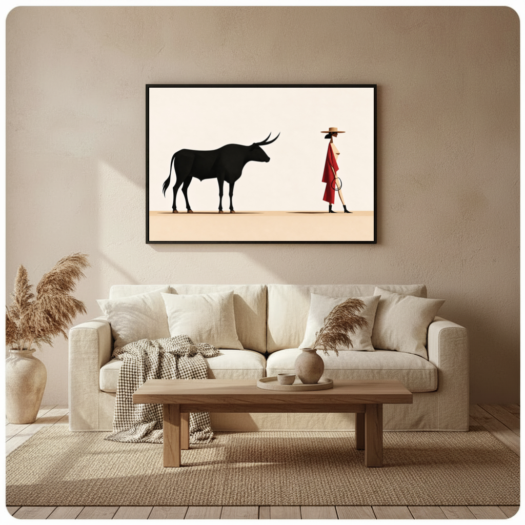 Framed minimal bull red coated woman canvas above a neutral sofa beside pampas grass and a coffee table.