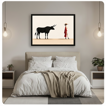 Framed minimal bull red coated woman canvas above a gray bed between hanging pendant lamps in a neutral bedroom.