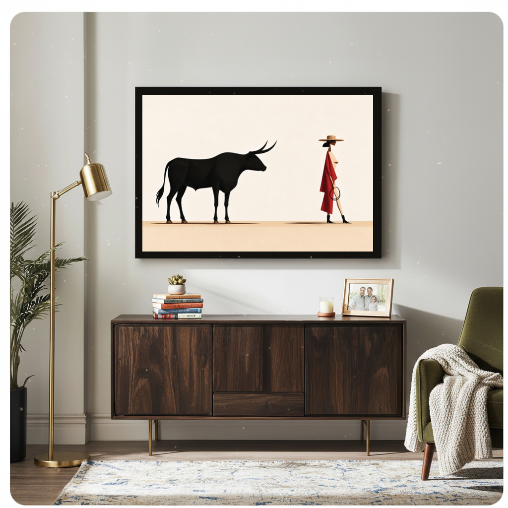 Framed minimal bull red coated woman canvas above a wooden sideboard beside books and an angled brass lamp.