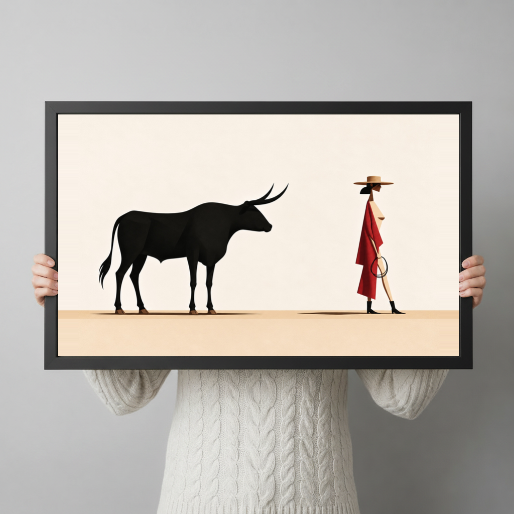 Framed minimal bull red coated woman canvas held horizontally by a person wearing a cream sweater against a light background.