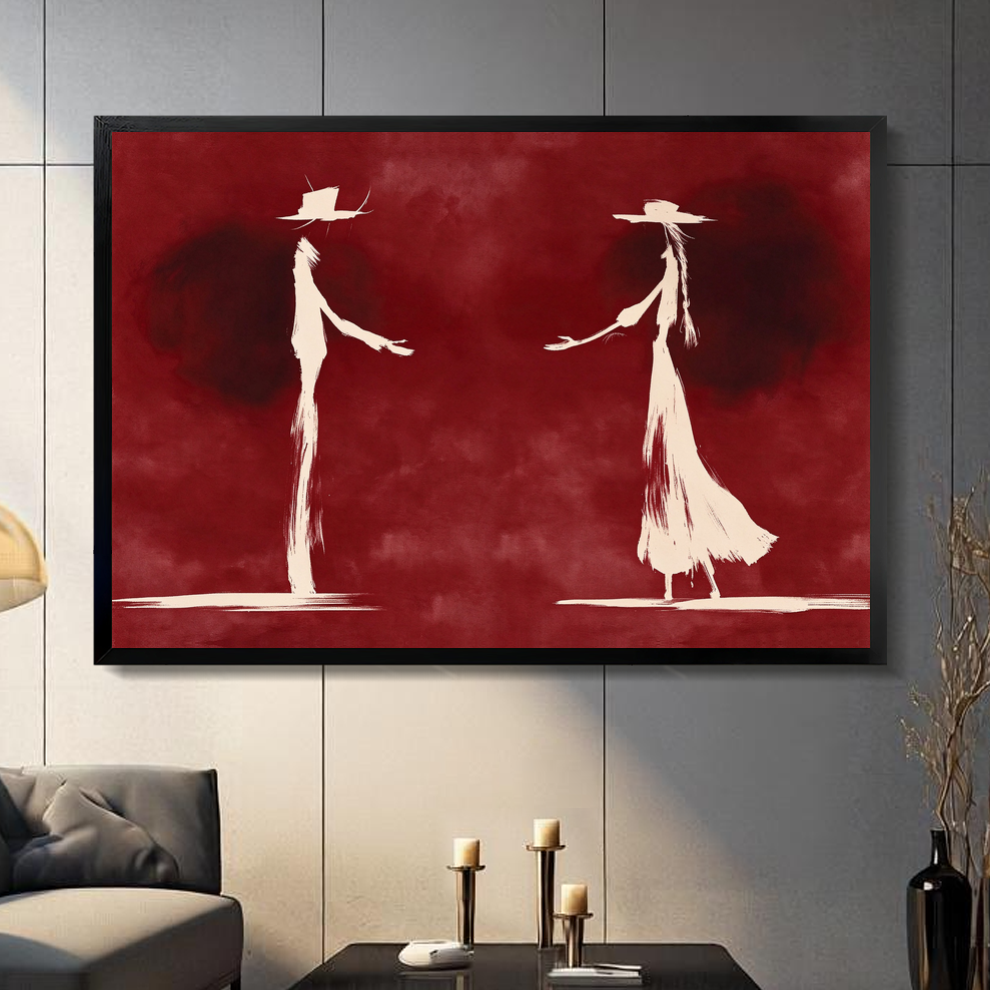 Black framed ghostly western dance pair canvas on a dark paneled wall beside warm candles.