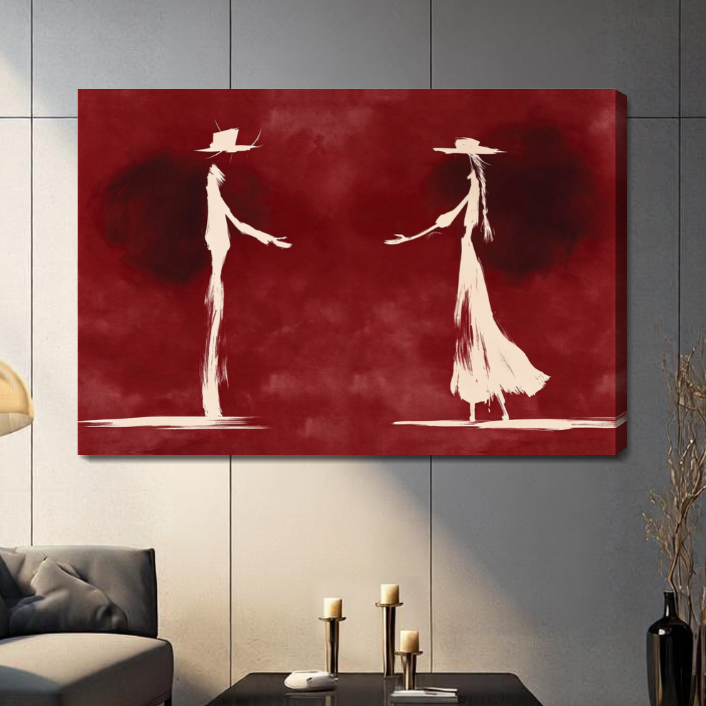Stretched ghostly western dance pair canvas with a shaded wrapped edge in the selected room setting.