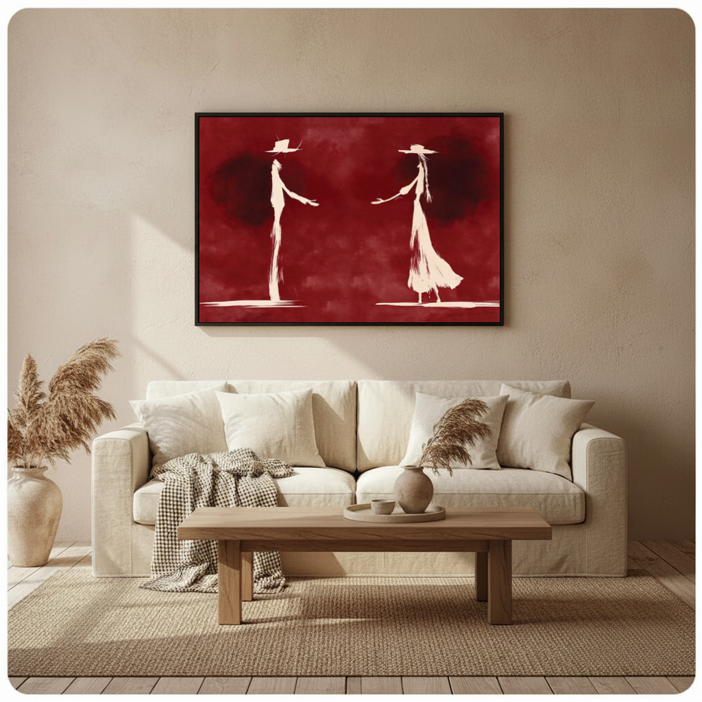 Framed ghostly western dance pair canvas above a neutral sofa beside pampas grass and a coffee table.