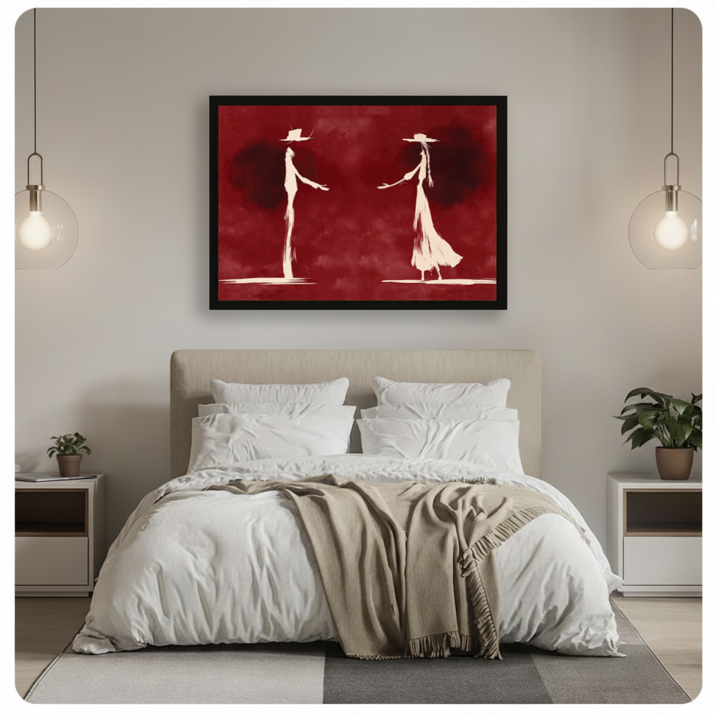 Framed ghostly western dance pair canvas above a gray bed between hanging pendant lamps in a neutral bedroom.