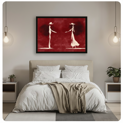 Framed ghostly western dance pair canvas above a gray bed between hanging pendant lamps in a neutral bedroom.