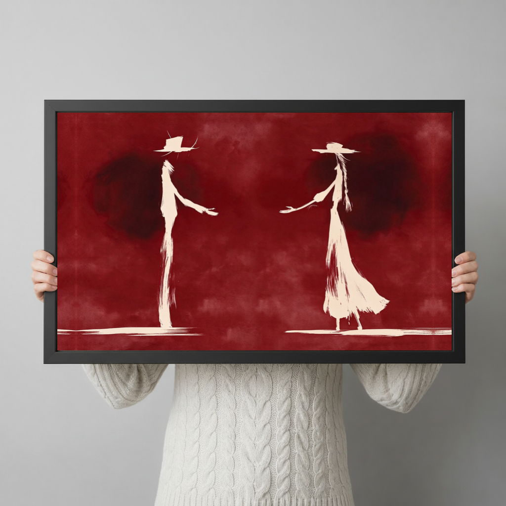 Framed ghostly western dance pair canvas held horizontally by a person wearing a cream sweater against a light background.