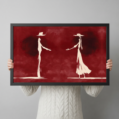 Framed ghostly western dance pair canvas held horizontally by a person wearing a cream sweater against a light background.