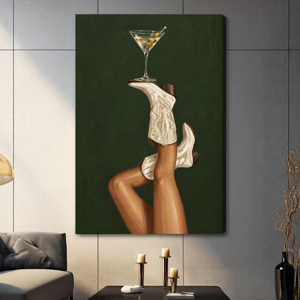 Stretched cowgirl boots martini balance canvas with a shaded wrapped edge in the selected room setting.