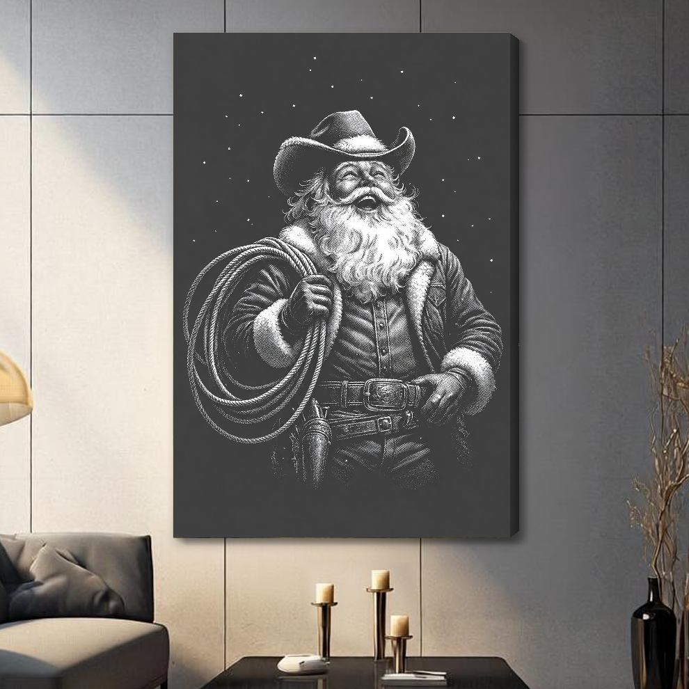 Stretched cowboy santa with lasso canvas with a shaded wrapped edge in the selected room setting.