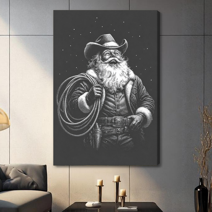 Stretched cowboy santa with lasso canvas with a shaded wrapped edge in the selected room setting.