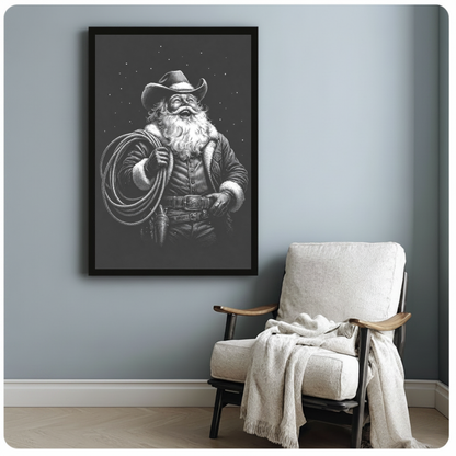 Framed cowboy santa with lasso canvas beside a pale reading chair on a blue gray wall.