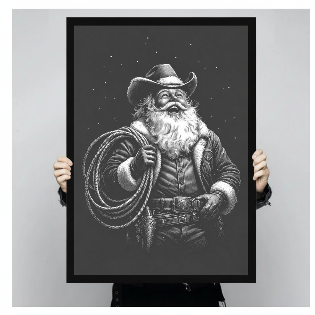 Framed cowboy santa with lasso canvas held by a person against a light neutral background.
