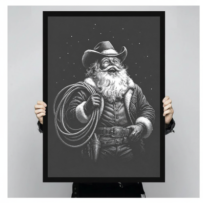 Framed cowboy santa with lasso canvas held by a person against a light neutral background.