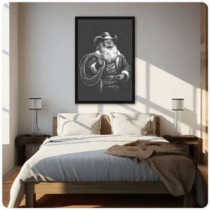 Framed cowboy santa with lasso canvas above a neutral bed beside soft bedroom lighting and lamps.
